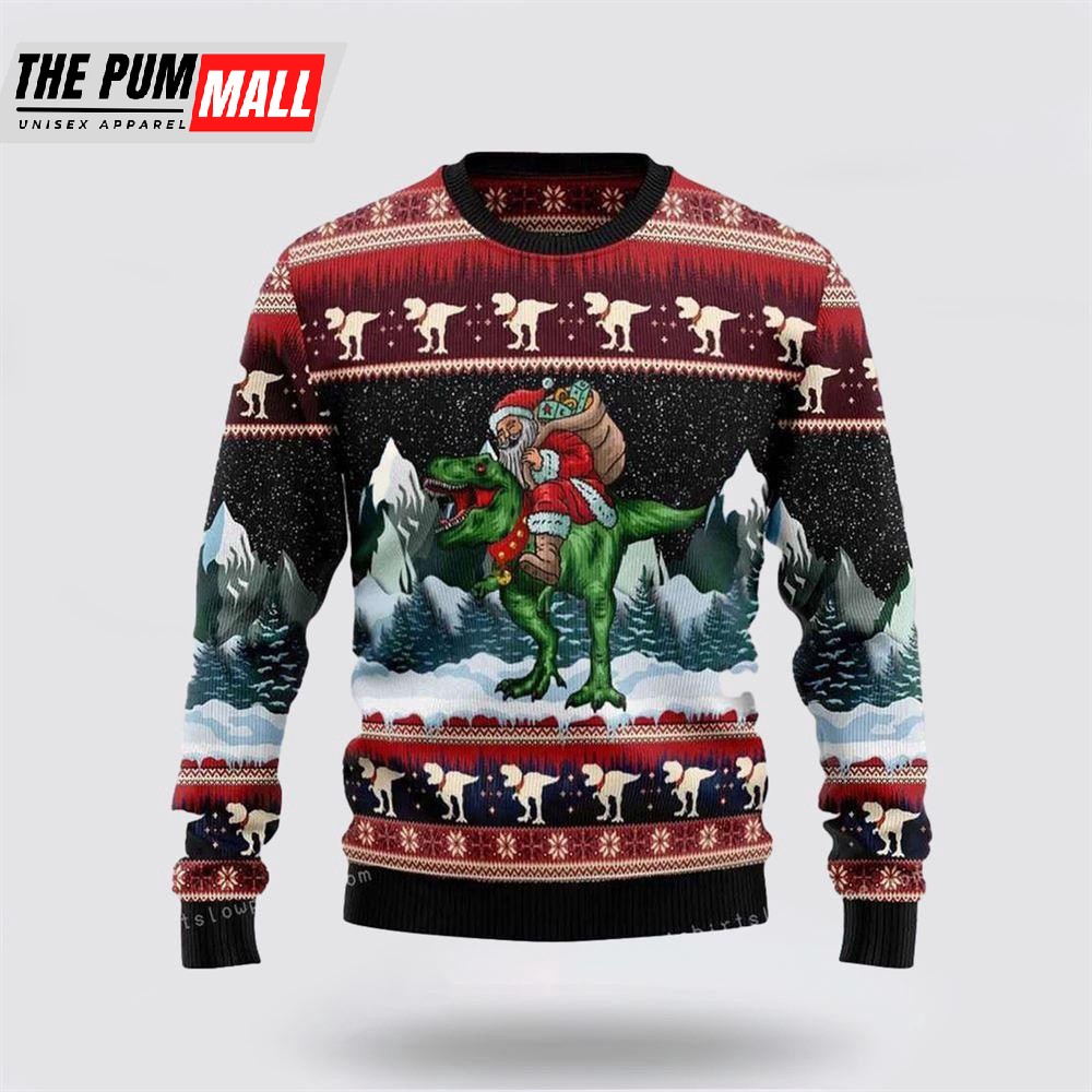 T-Rex Santa Claus Ugly Christmas Sweater Party Loving