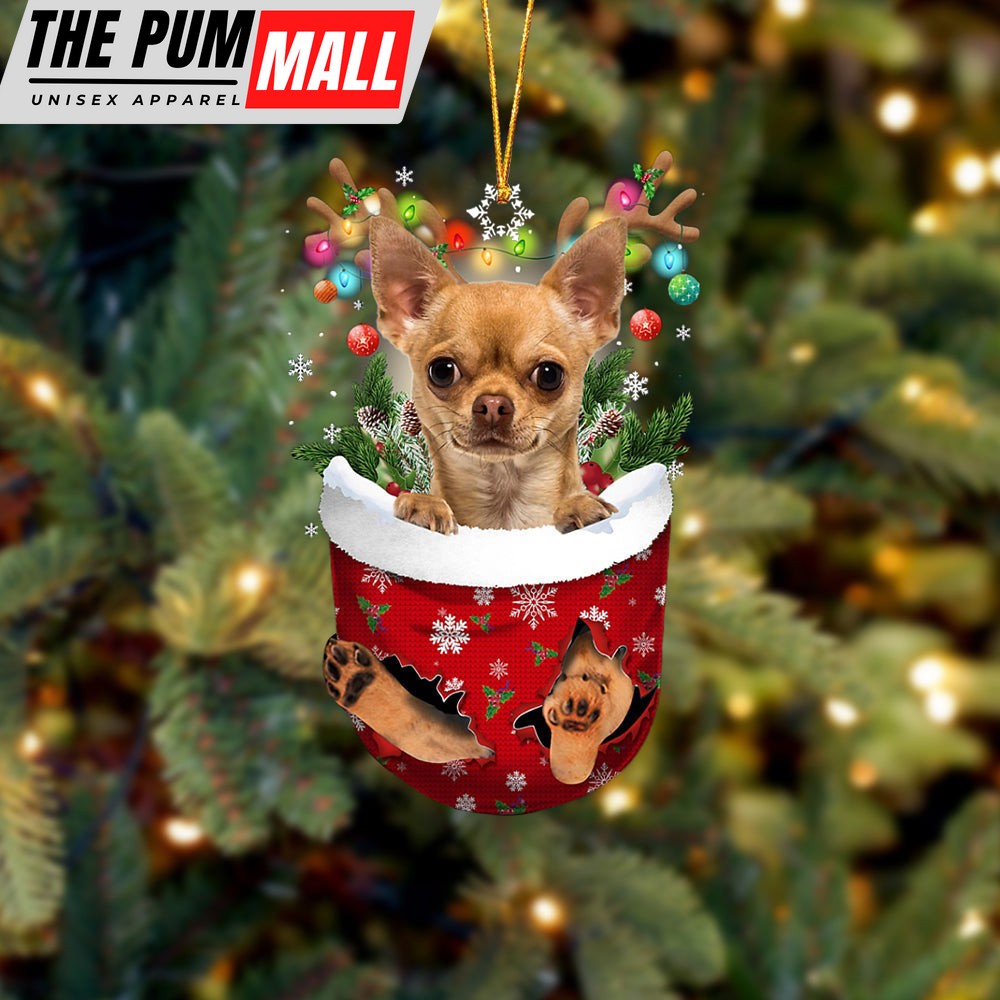 Tan Chihuahua In Snow Pocket Christmas Ornament – Two Sided Christmas Plastic Hanging Limited Edition
