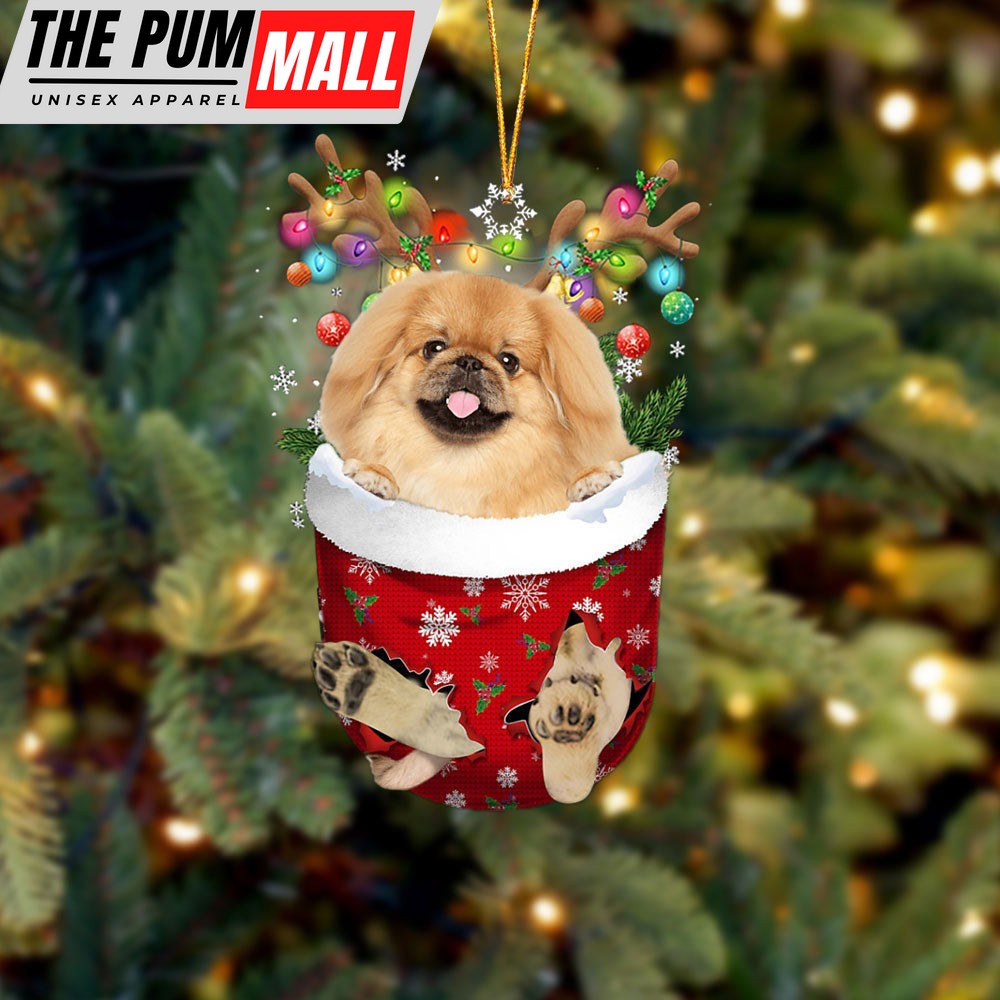 Tan Pekingese In Snow Pocket Christmas Ornament – Two Sided Christmas Plastic Hanging Limited Edition