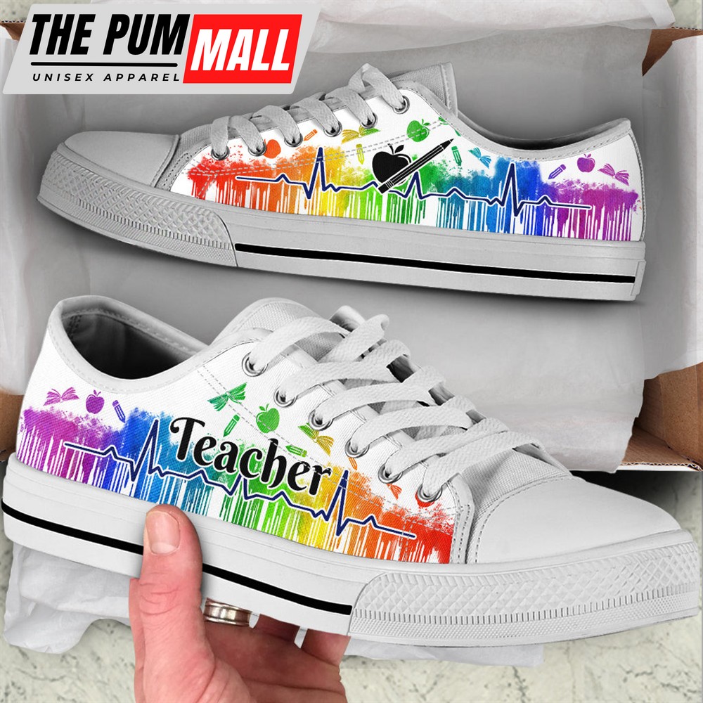 Teacher Shoes Drip Watercolor Heartbeat Low Top Shoes – Best Gift For Teacher, School Shoes – Sneaker For Walking