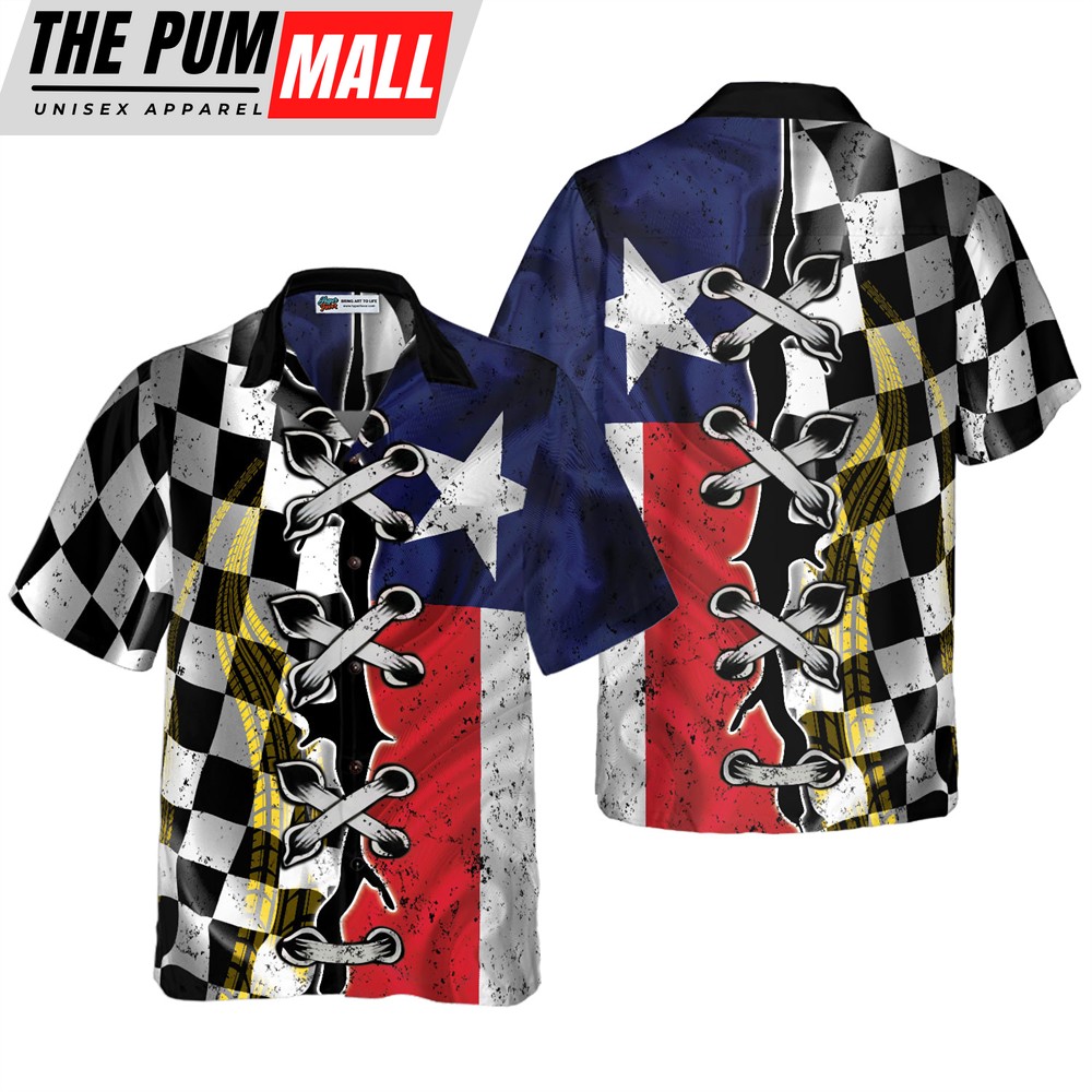 Texas Hawaiian Shirt, Black And White Texas Racing Flag Hawaiian Shirt