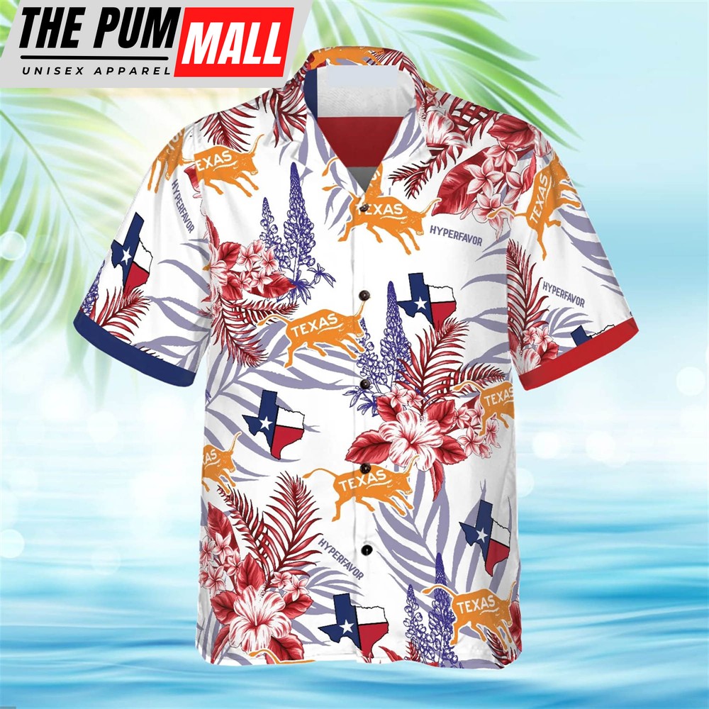 Texas Hawaiian Shirt, Bluebonnet Texas Red Version Button Down Floral and Flag Hawaiian Shirt