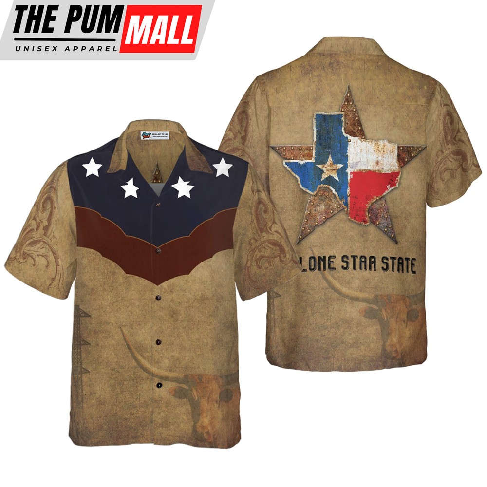 Texas Hawaiian Shirt, Brown Vintage Floral Damask Pattern Texas Hawaiian Shirt