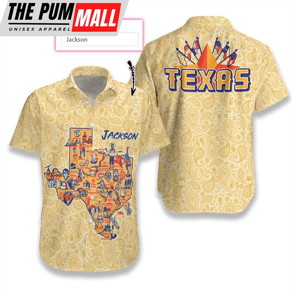 Texas Hawaiian Shirt, Cream Paisley Pattern Texas Vintage Custom Hawaiian Shirt