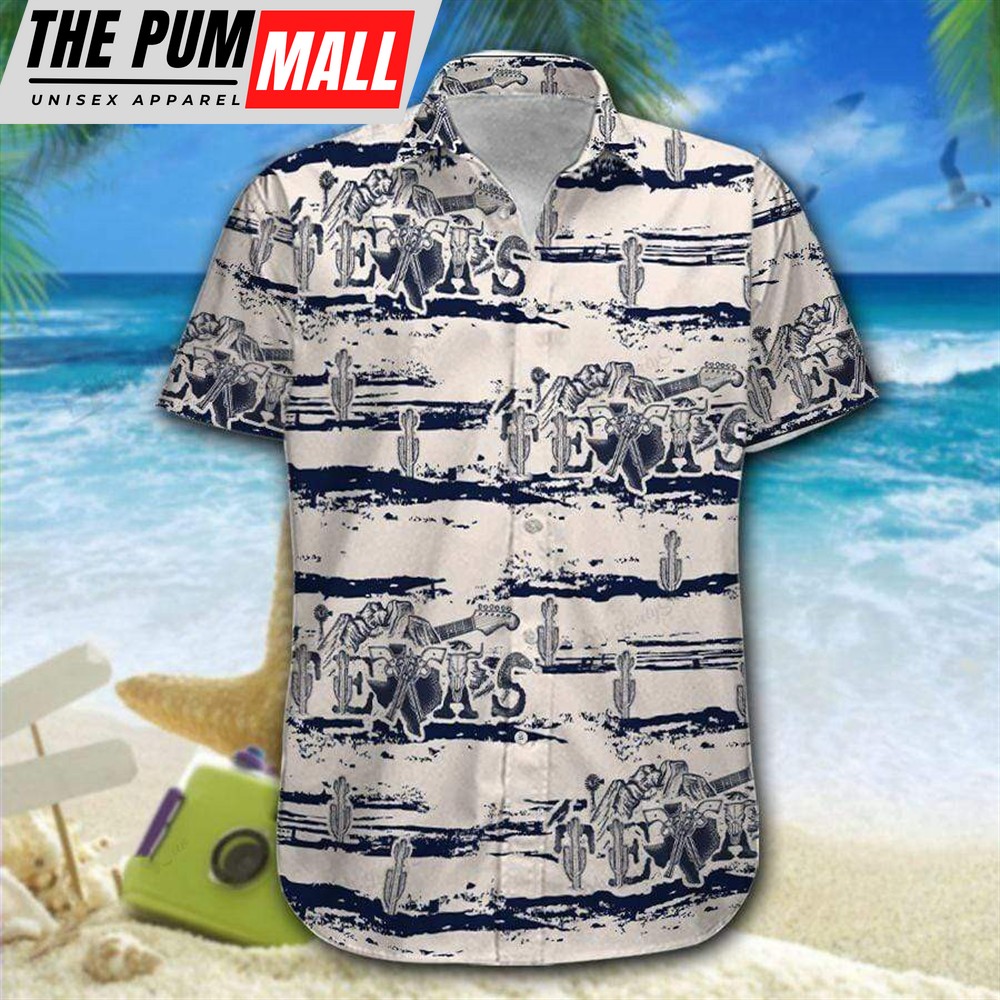 Texas Hawaiian Shirt, Hawaiian Aloha Shirt Cactus Texas Black White