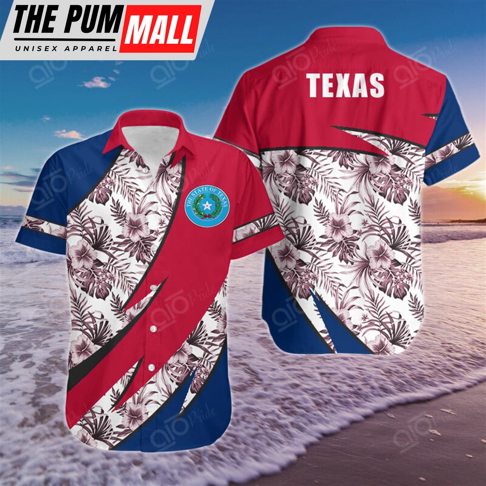 Texas Hawaiian Shirt, Texas Groly Coat Of Arms Hibiscus Pattern Hawaiian Shirt