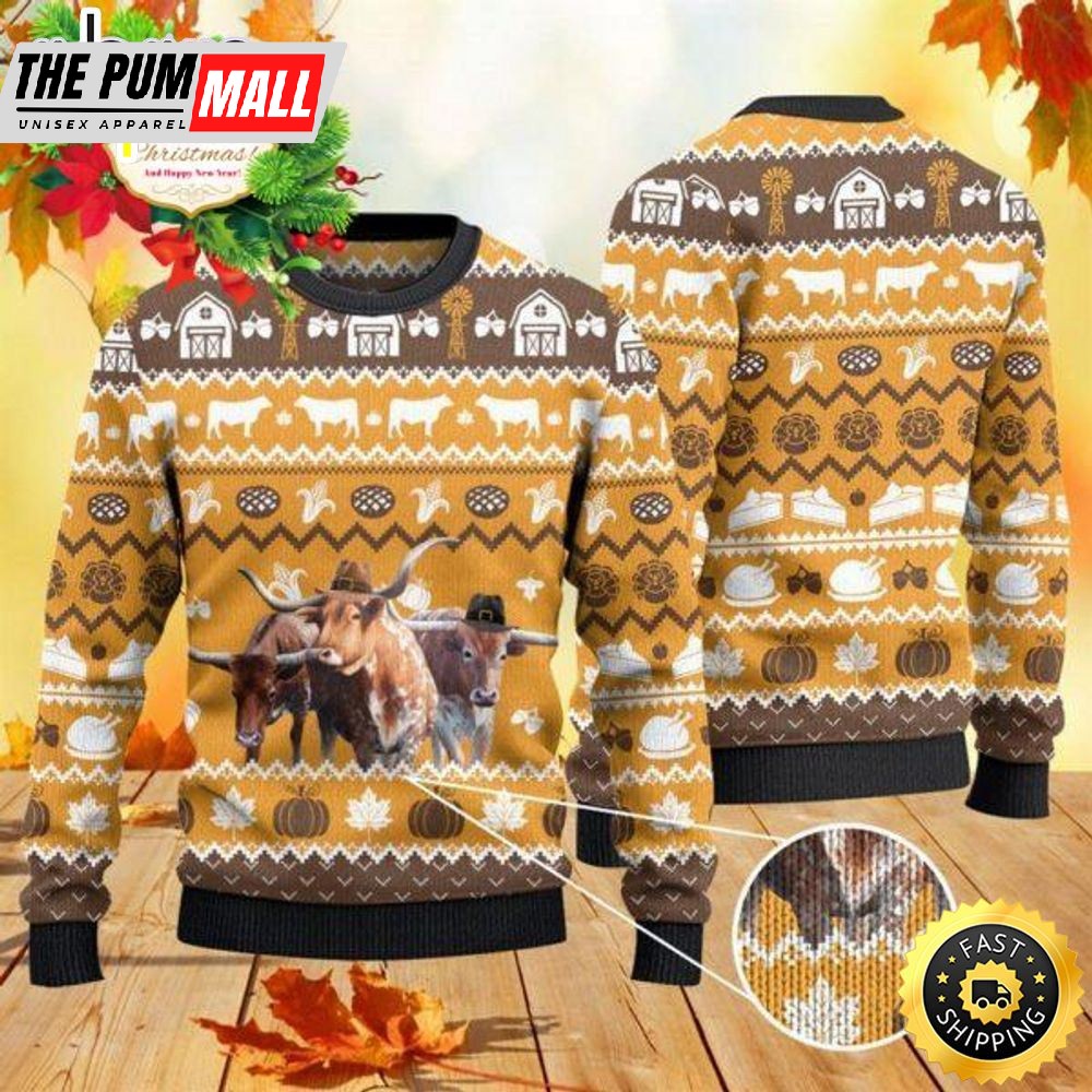 Texas Longhorn Cattle Thanksgiving Gift Ugly Christmas Sweater