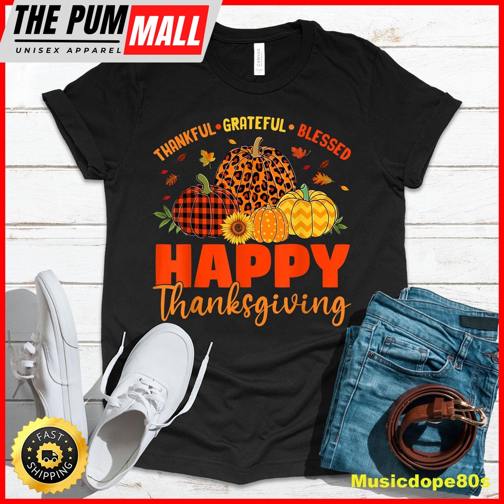 Thankful Grateful Blessed Leopard Plaid Pumpkin Thanksgiving T-Shirt