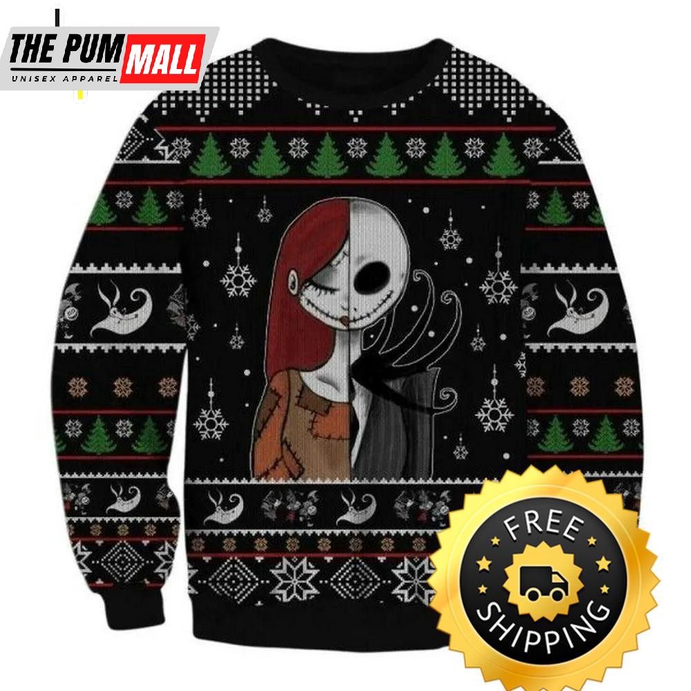 The Nightmare Before Christmas Jack Skellington And Sally Ugly Sweater, Jack Skellington Ugly Sweater