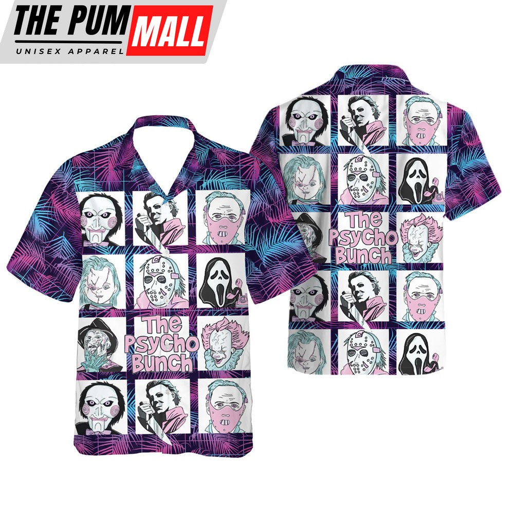 The Psycho Bunch Halloween Hawaiian Shirt, Horror Movie Characters Button Up Shirt