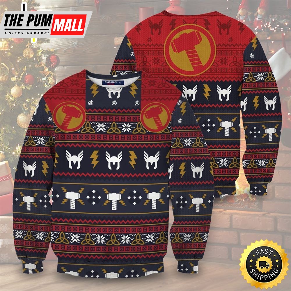 Thor God of Thunder Hammer and Mask Pattern Marvel Christmas Marvel Christmas Sweater