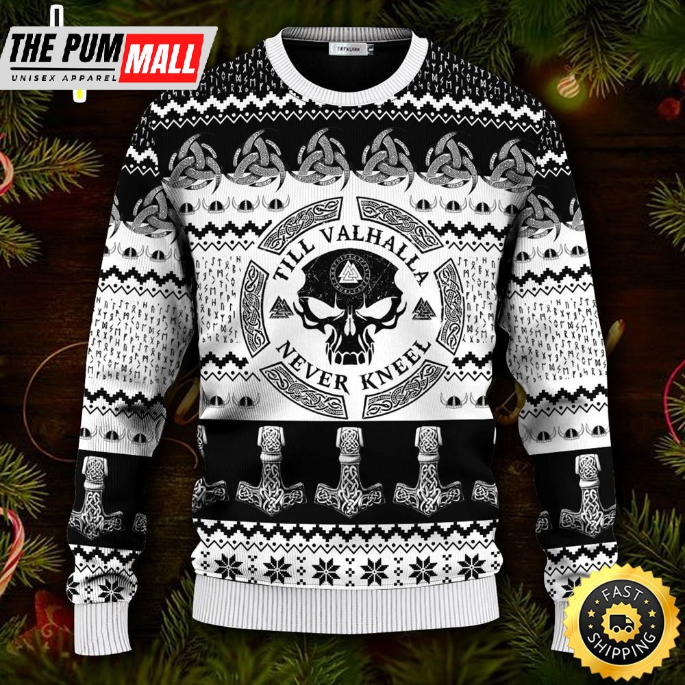 Till Valhalla Never Kneel Valknut Viking Ugly Christmas Skull Sweater Christmas