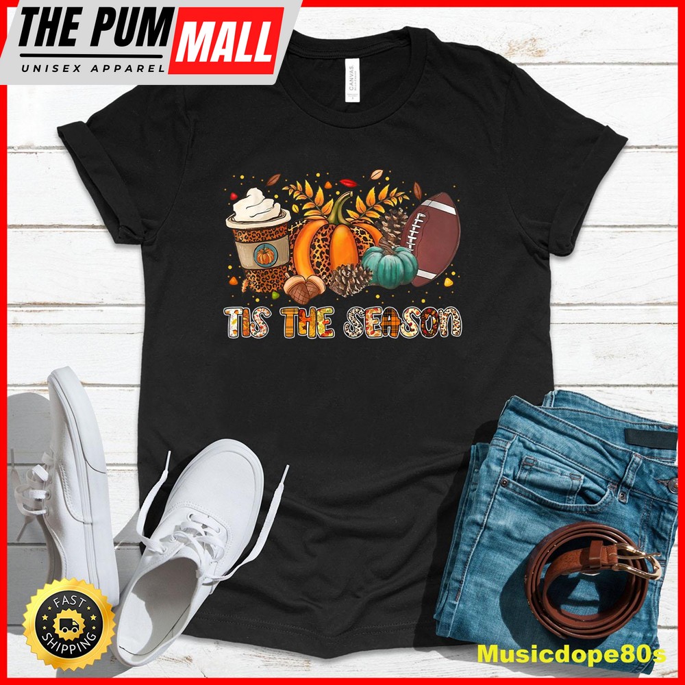Tis The Season Leopard Pumpkin Football Halloween Fall T-Shirt