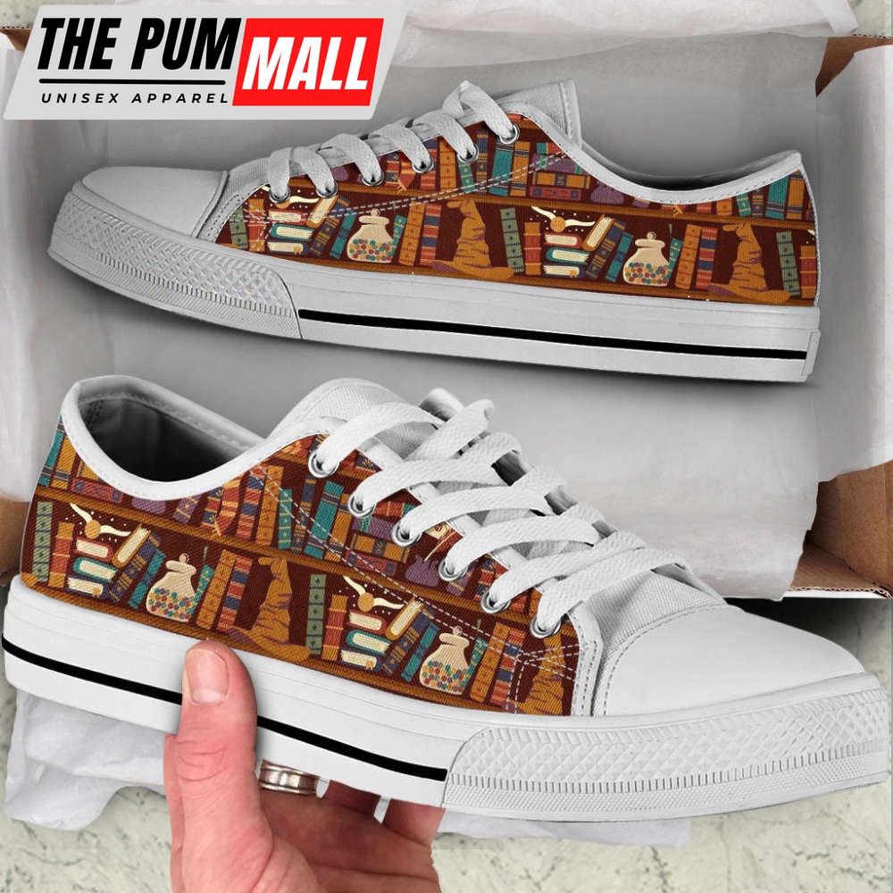 Trendy Canvas Print Lowtop Shoes: Bookshelf Hat Low Top