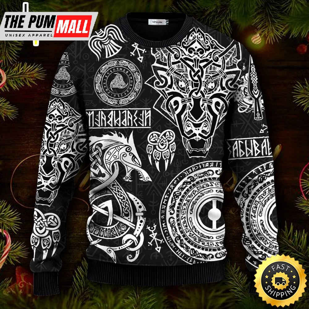 Triple Horn Pattern Cool Symbol Viking Ugly Christmas Skull Sweater Christmas