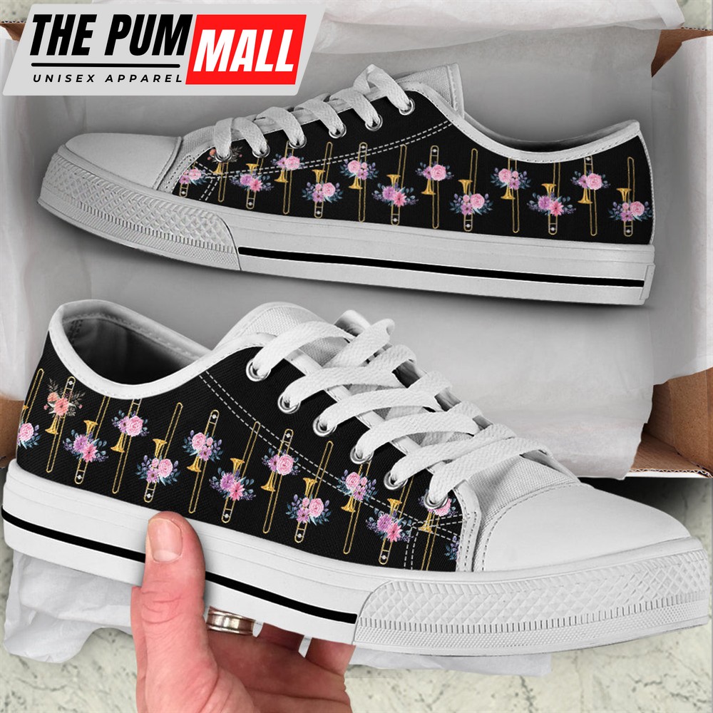 Trombone Pink Flower Low Top Music Shoes – Fashionable Low Top Casual Shoes Gift For Adults