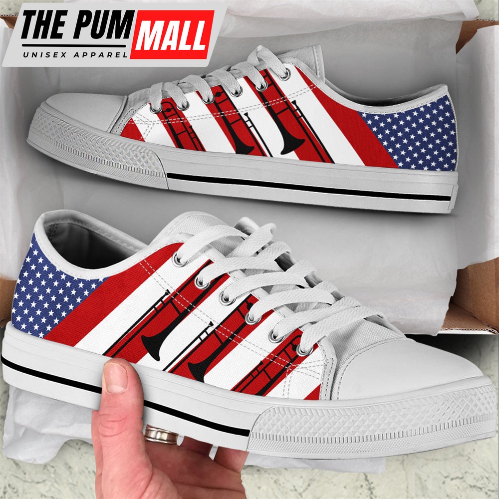 Trombone Usa Flag Low Top Music Shoes – Fashionable Low Top Casual Shoes Gift For Adults – Sneaker For Walking