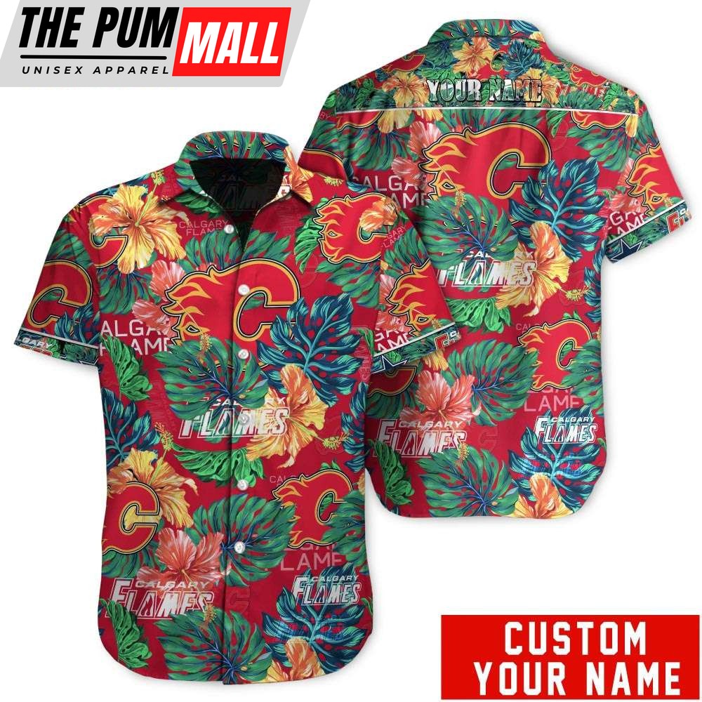 Tropical Floral Calgary Flames Custom Name Hawaiian Shirt