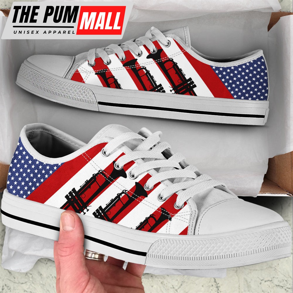 Trumpet Usa Flag Low Top Music Shoes – Fashionable Low Top Casual Shoes Gift For Adults – Sneaker For Walking