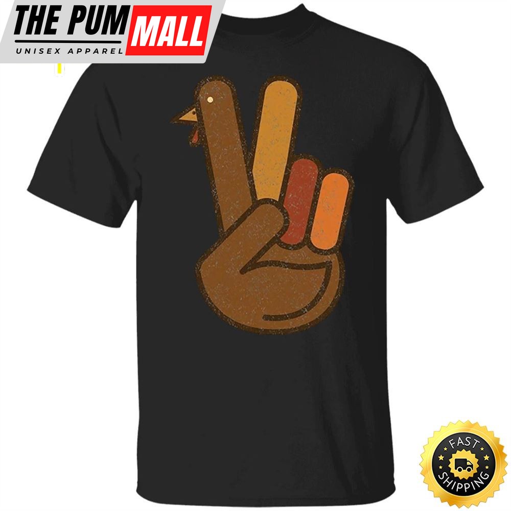 Turkey Peace Sign Hand T-Shirt Thanksgiving V Sign Hand Basic Graphic Tees Gifts For Friends