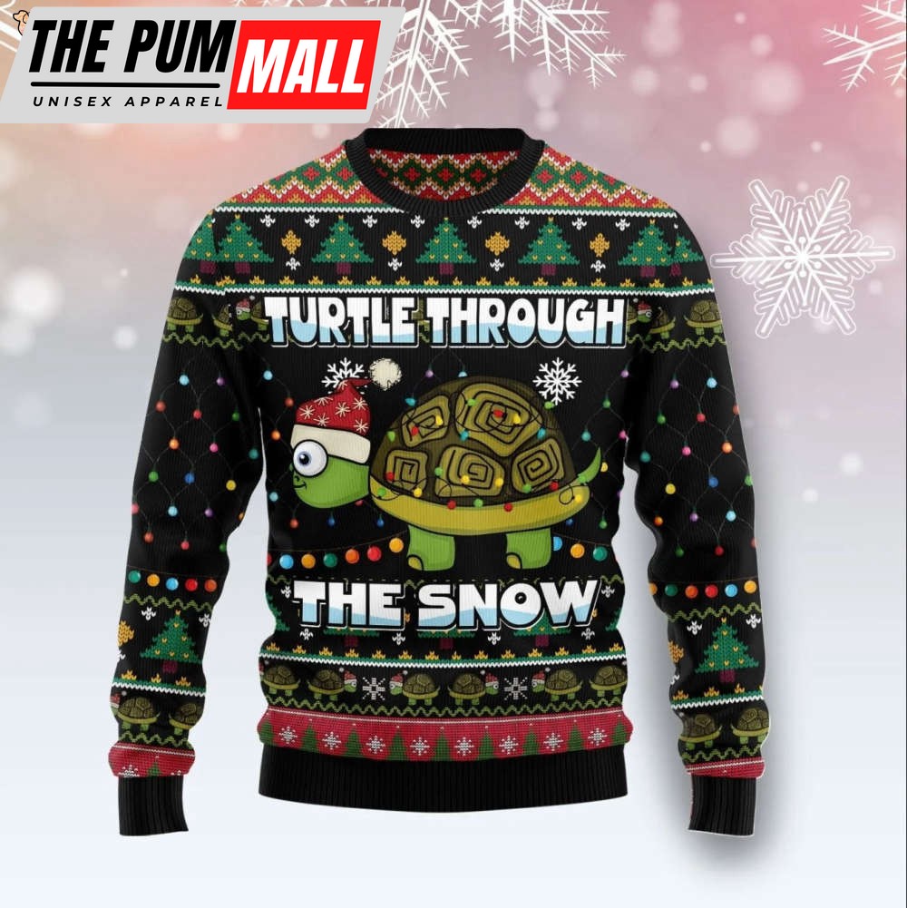 Turtle Through Snow Ugly Knitted Christmas Sweatshirt, Turtle Xmas Sweater, Christmas Sweater, Ugly Christmas Sweater