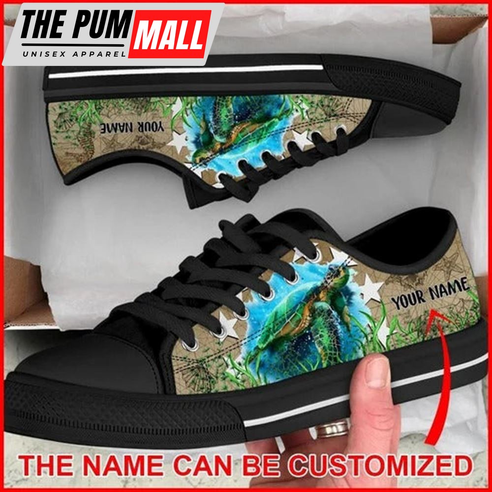 Turtle Vintage Map Sea Personalized Canvas Low Top Shoes – Low Top Shoes Mens, Women