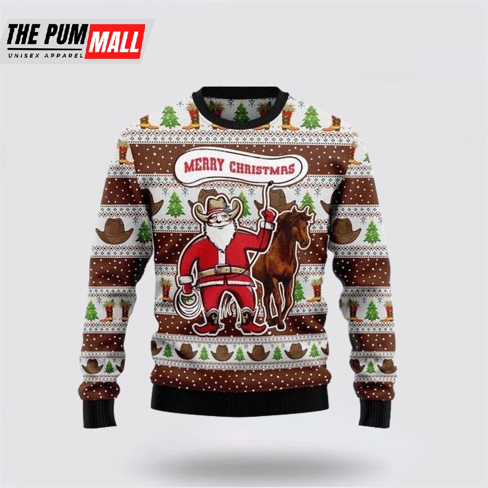 Ugly Cowboy Santa Claus And Horse Merry Christmas Sweater