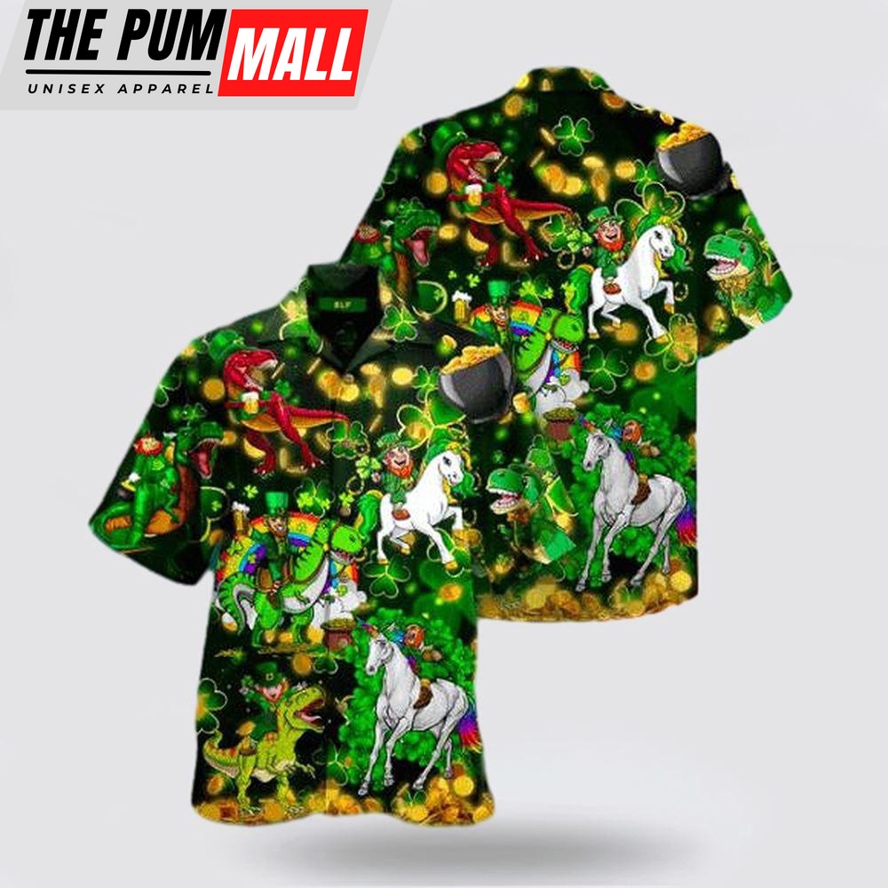 Unicorn Dinosaur Saint Patrick Hawaiian Shirt, St Patricks Day Shirts, Shamrock Hawaiian Shirt