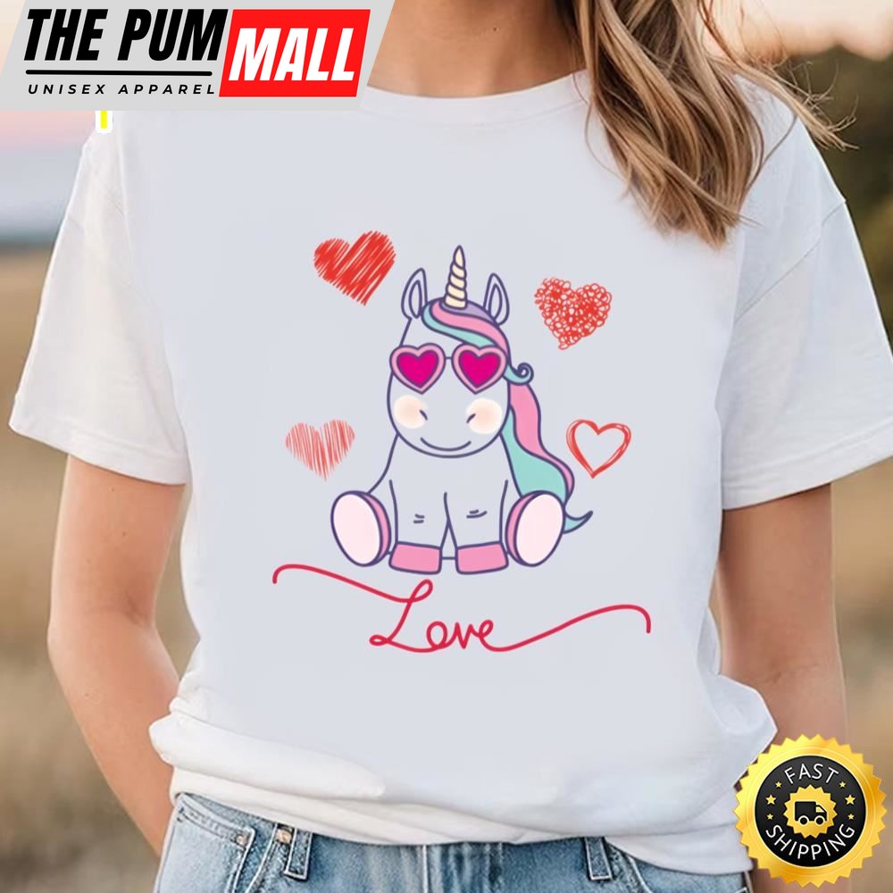 Unicorn Love Hearts Sweet Valentines Lovers Gift T-Shirt