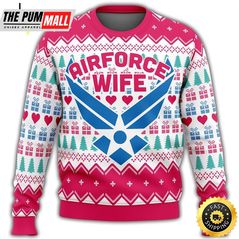 Unifinz Veteran Sweater Air Force Wife Christmas Pattern White Pink Veteran Christmas Ugly Sweater