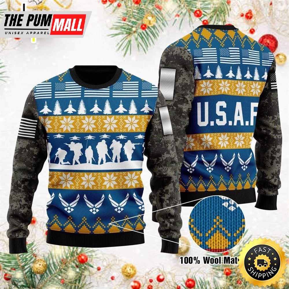 Unifinz Veteran Sweater Soldier Us Air Force Grey Blue Veteran Christmas Ugly Sweater