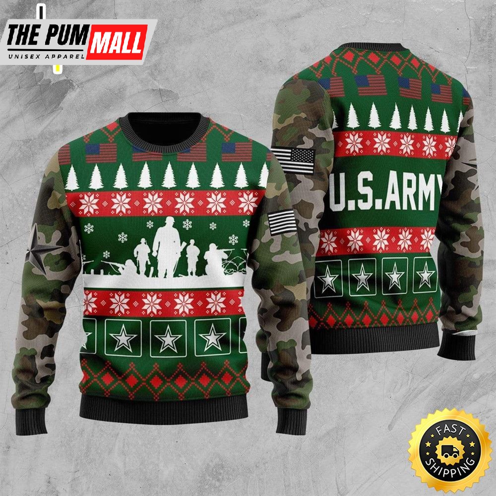 Unifinz Veteran Sweater United States Army Camo Green Veteran Christmas Ugly Sweater