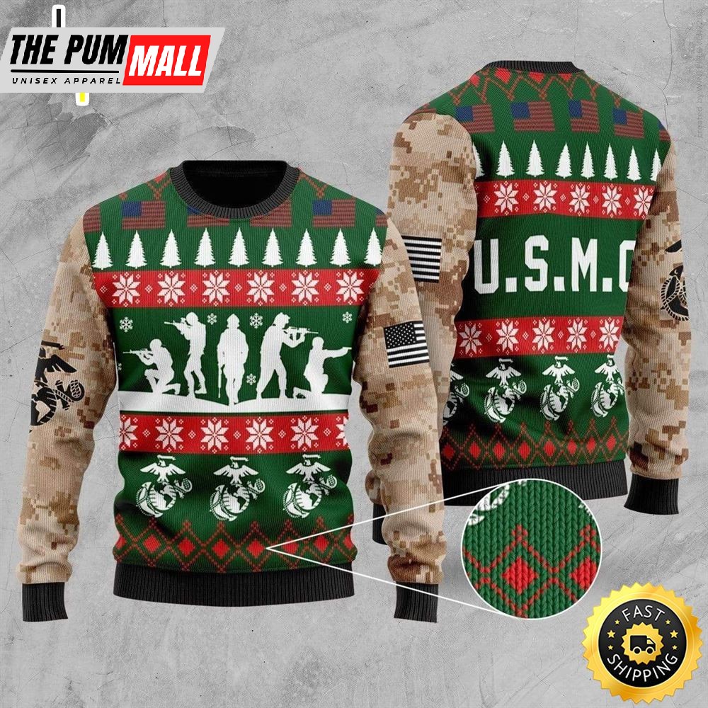 Unifinz Veteran Sweater United States Marine Corps Camo Green Veteran Christmas Ugly Sweater