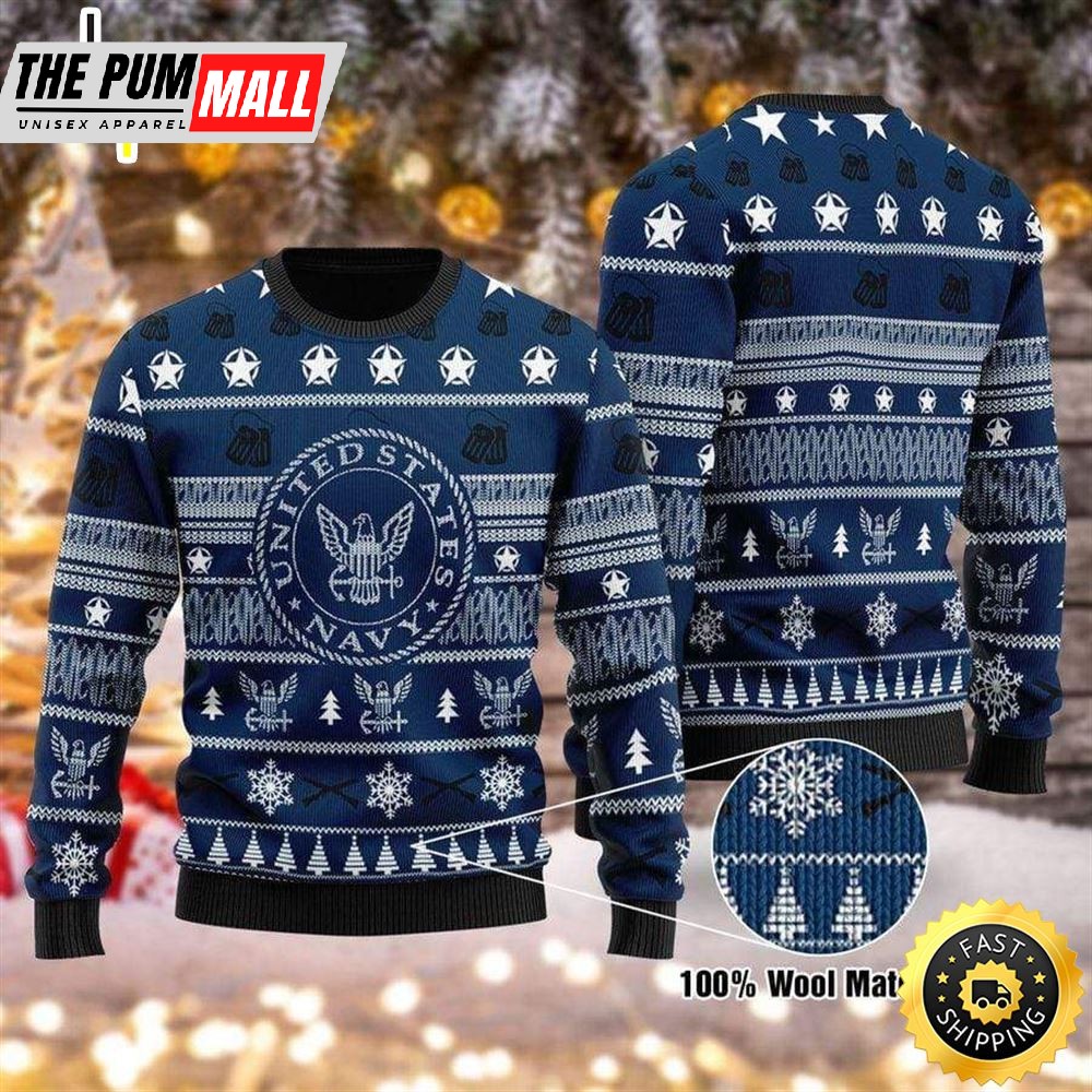 Unifinz Veteran Sweater United States Navy Stars Christmas Pattern Blue Ugly Sweater