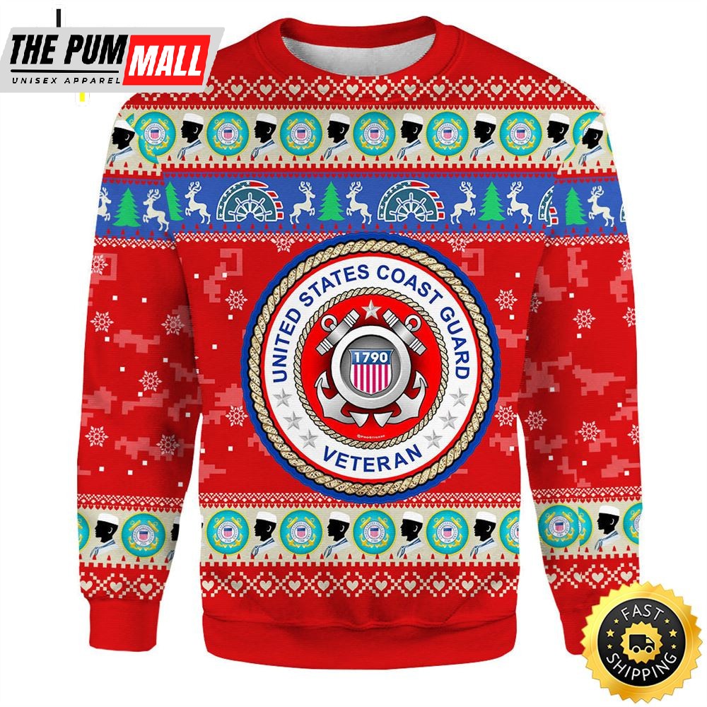 Unifinz Veteran Sweater Us Coast Guard Veteran Christmas Red Ugly Sweater