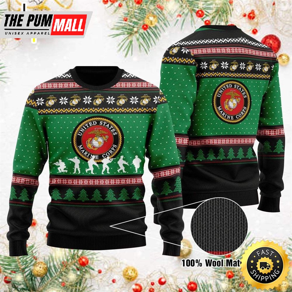 Unifinz Veteran Sweater Us Marine Corps Seal Green Black Christmas Pattern Veteran Ugly Sweater