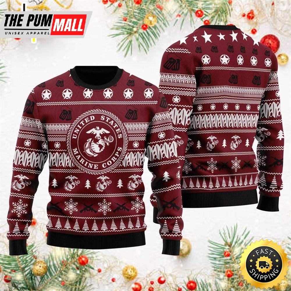 Unifinz Veteran Sweater Us Marine Corps Seal Stars Christmas Pattern Veteran Ugly Sweater