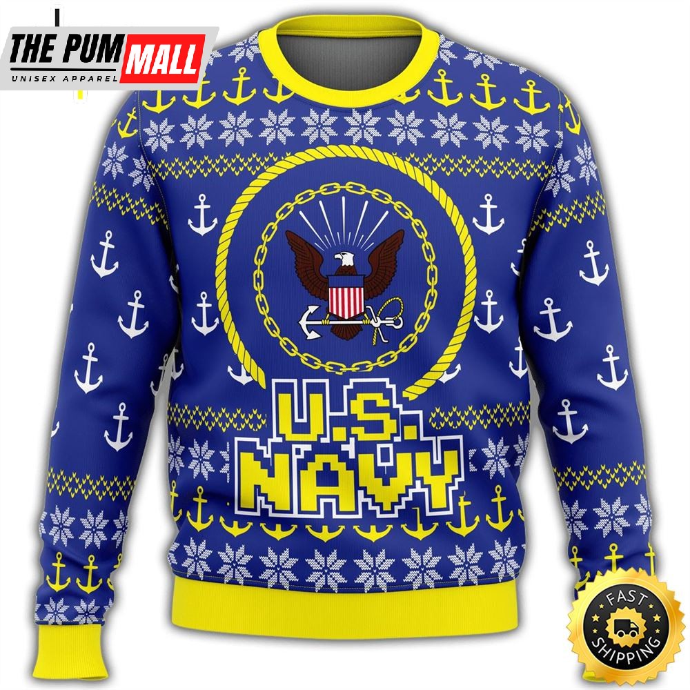 Unifinz Veteran Sweater Us Navy Anchor Pattern Blue Yellow Veteran Christmas Ugly Sweater