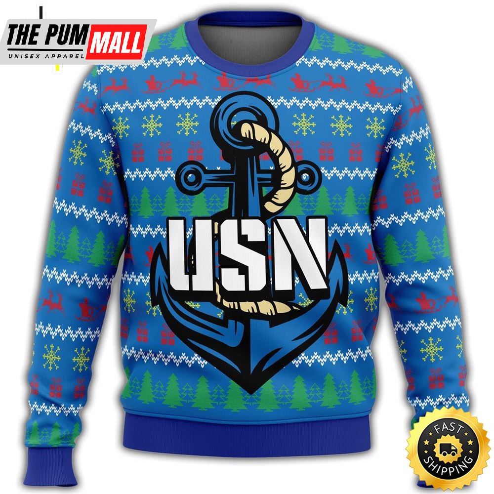 Unifinz Veteran Sweater Us Navy Anchor Veteran Christmas Pattern Blue Ugly Sweater