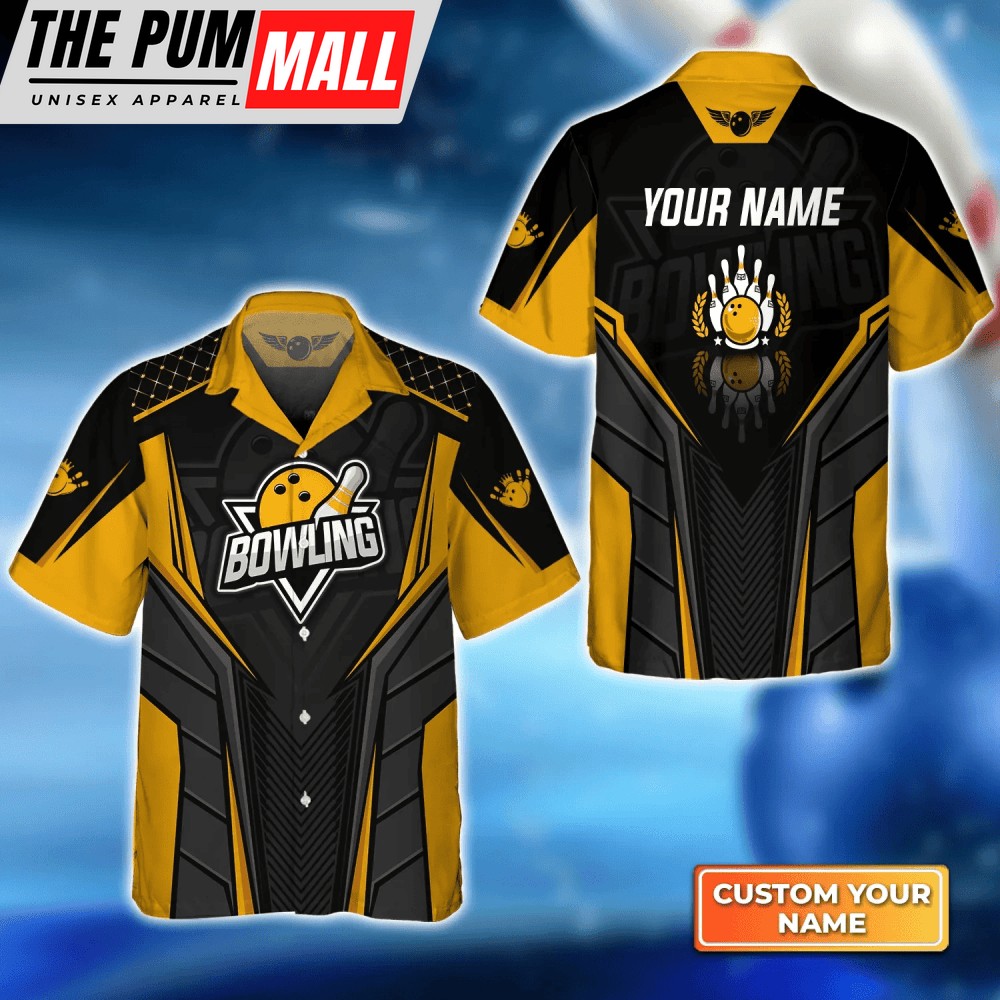 Unisex Bowling Pin And Bowl Ball Yellow Hawaiian Shirt, Bowling Hawaiian Shirt For Bowling Gift Team