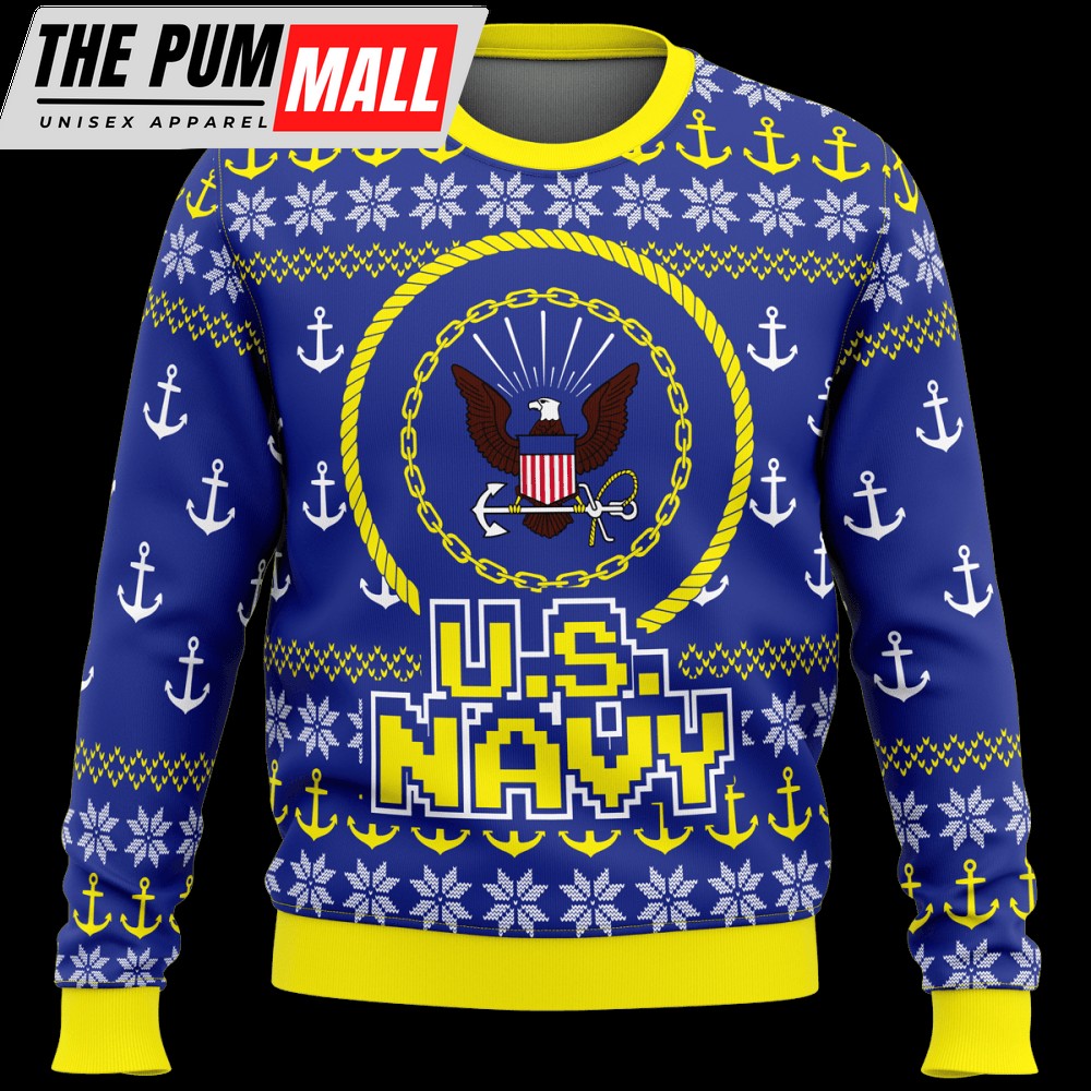 US Navy Anchor Pattern Veteran Sweater: Blue Yellow Ugly Sweater Christmas Gift