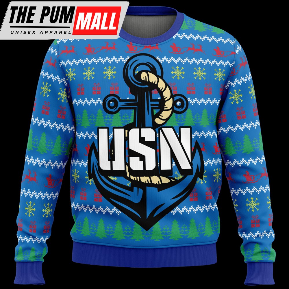 US Navy Anchor Veteran Christmas Sweater – F89 Veteran Sweater in Blue Ugly Sweater Pattern