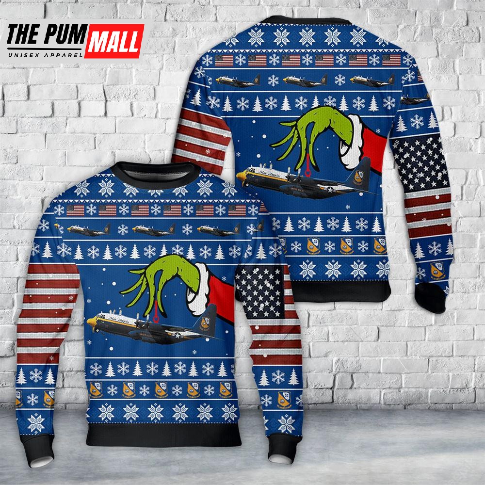 US Navy Blue Angels Lockheed C-130J Christmas AOP Sweater Gift For Christmas