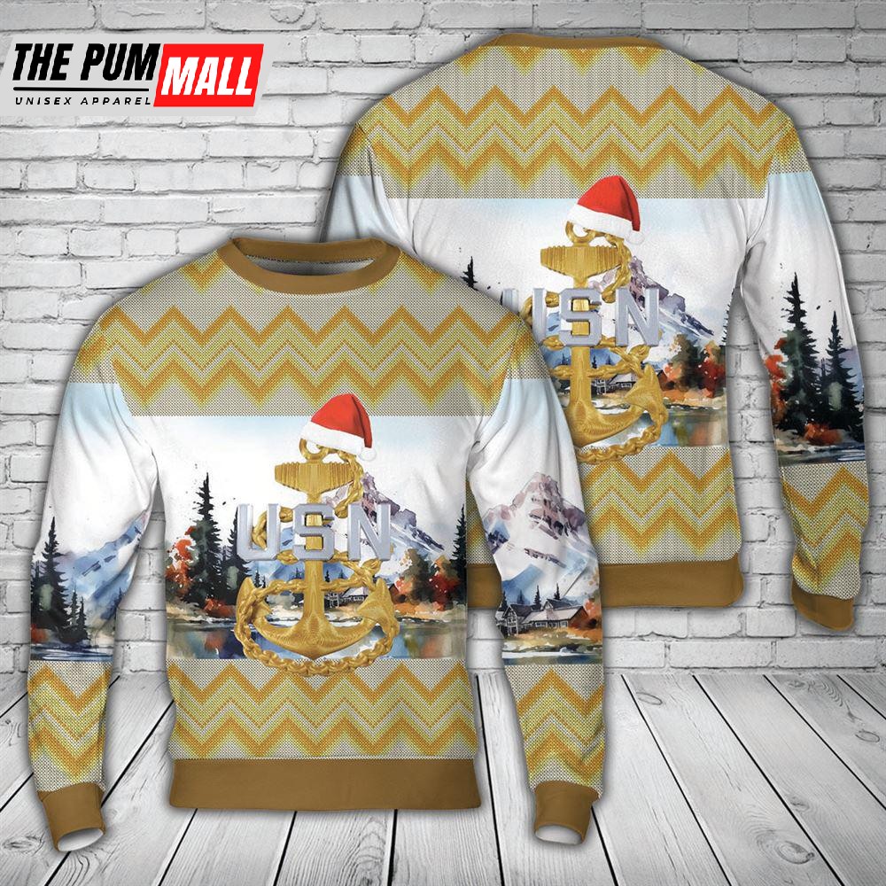 US Navy Chief Petty Officer Anchors E-7 E-8 E-9 Christmas AOP Sweater Gift For Christmas