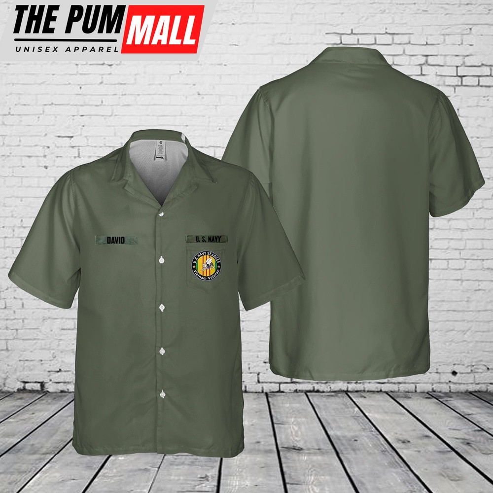 Us Navy Hawaiian Shirt, Custom Name US Navy Sea Bees Vietnam War era Pocket Hawaiian Shirt, Military Hawaiian Shirt