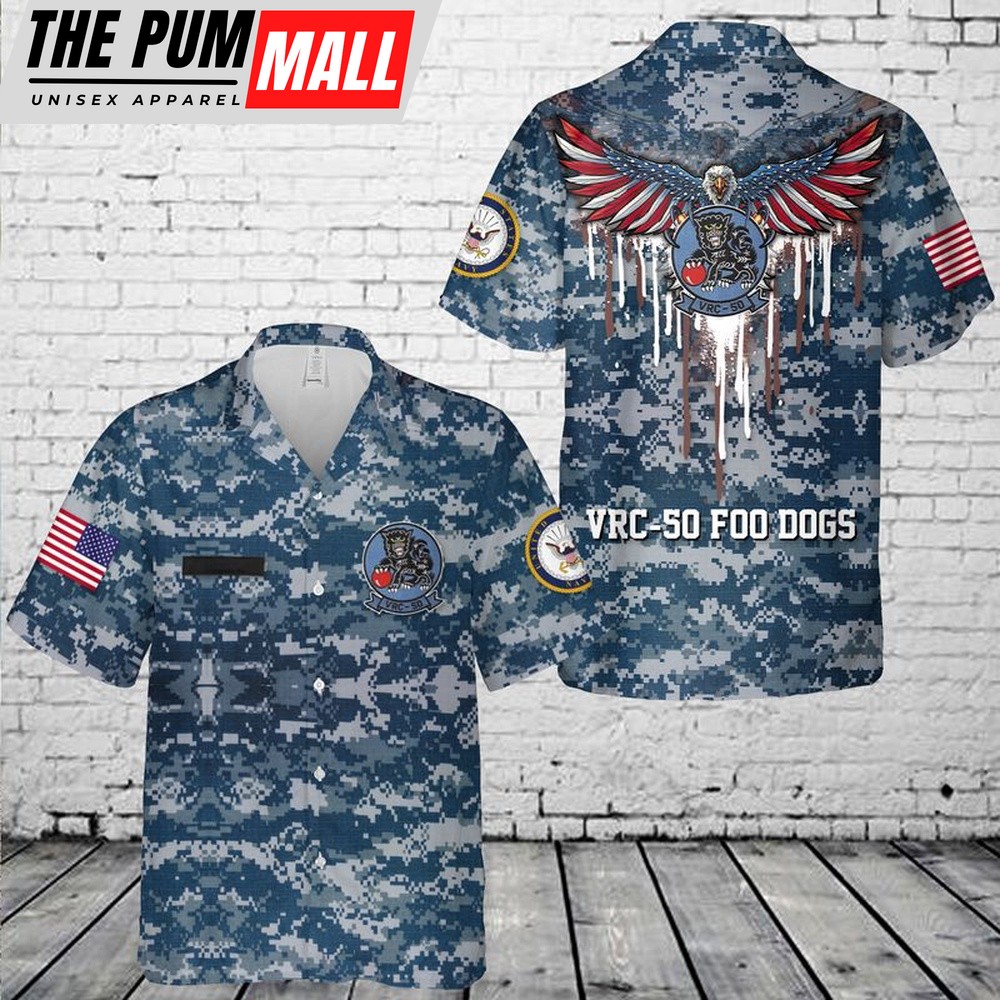 Us Navy Hawaiian Shirt, Custom Name US Navy VRC-50 Foo Dogs Hawaiian Shirt, Military Hawaiian Shirt