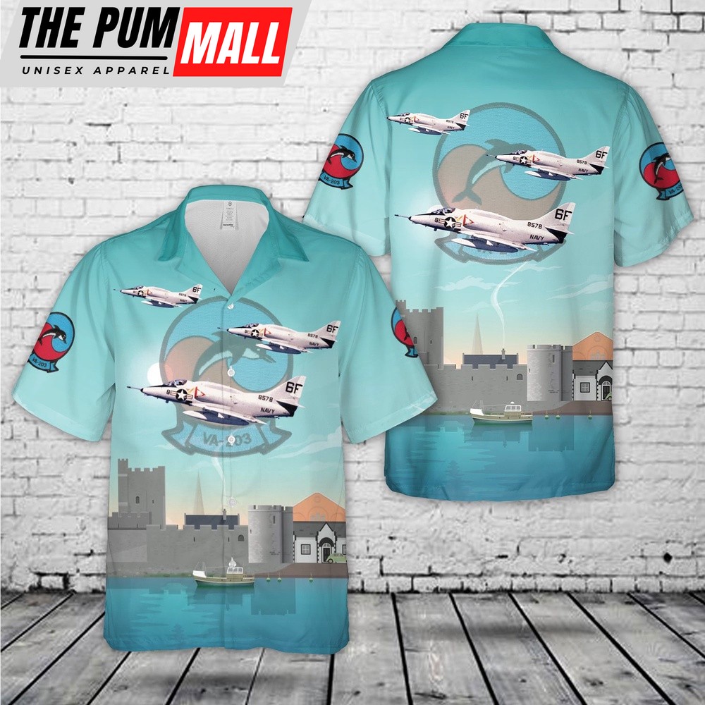 Us Navy Hawaiian Shirt, US Navy A-4L Skyhawk Of Attack Squadron 203 (VA-203) Blue Dolphins Hawaiian Shirt, Military Hawaiian Shirt