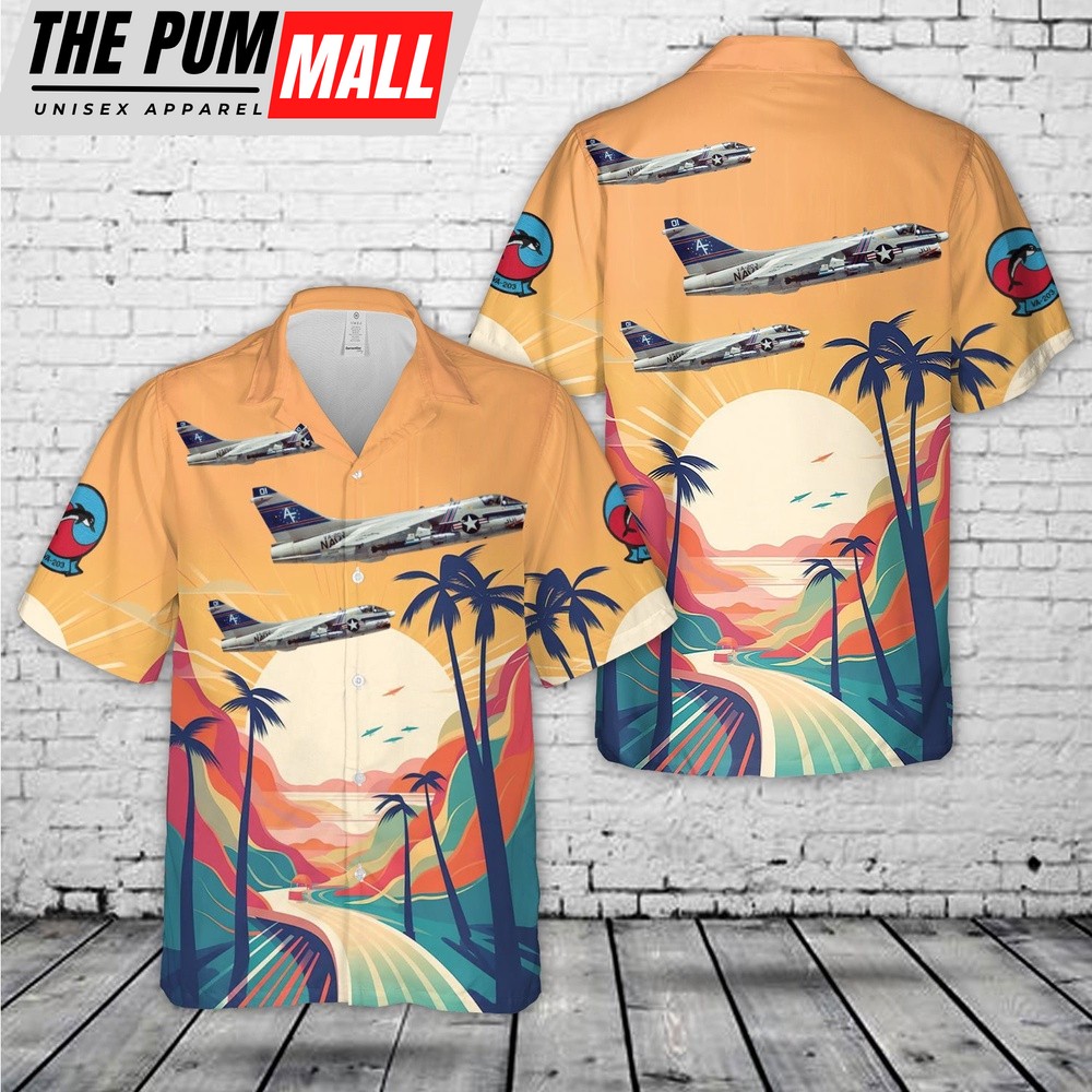 Us Navy Hawaiian Shirt, US Navy A-7B Corsair II Of Attack Squadron 203 (VA-203) Blue Dolphins Hawaiian Shirt, Military Hawaiian Shirt