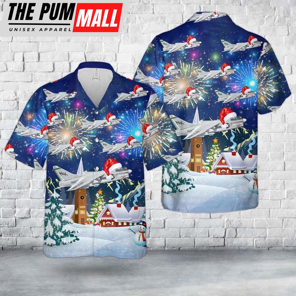 Us Navy Hawaiian Shirt, US Navy A-7E Corsair II CAG Bird Of VFA-27 Royal Maces Christmas Hawaiian Shirt, Military Hawaiian Shirt