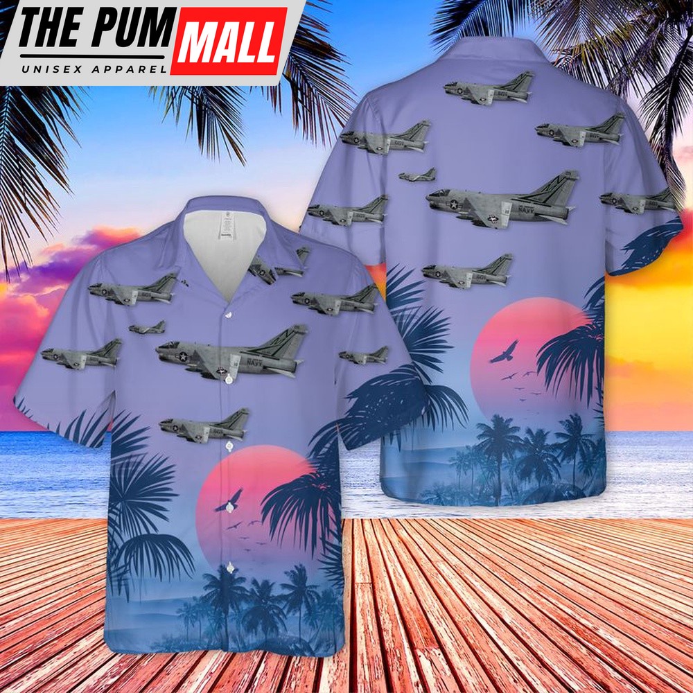 Us Navy Hawaiian Shirt, US Navy A7B Corsair II Of VA-155 Sliver Foxes Hawaiian Shirt, Military Hawaiian Shirt